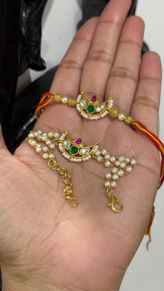 Premium Pachi Kundan Rakhi for Brother and Bhabi combo