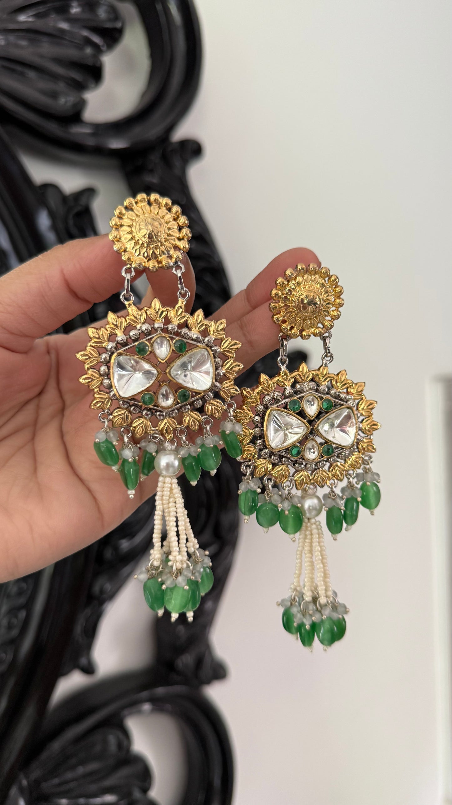 Uncut Kundan Earrings – Silver & Gold Mix Finish | Gold Plated | Real Beads