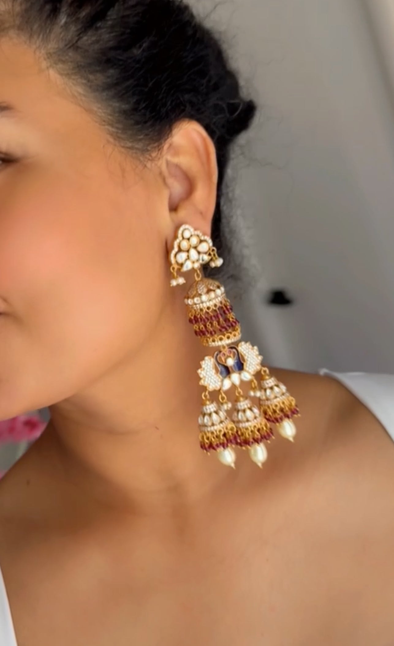 Matt finish moissanite Kundan statement earrings antique gold