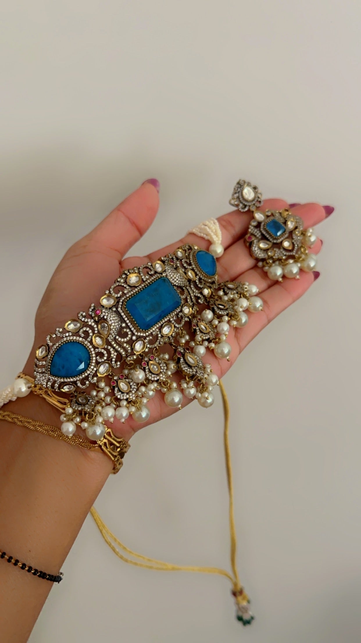 Moissanite choker with earrings with doublet stone sky blue