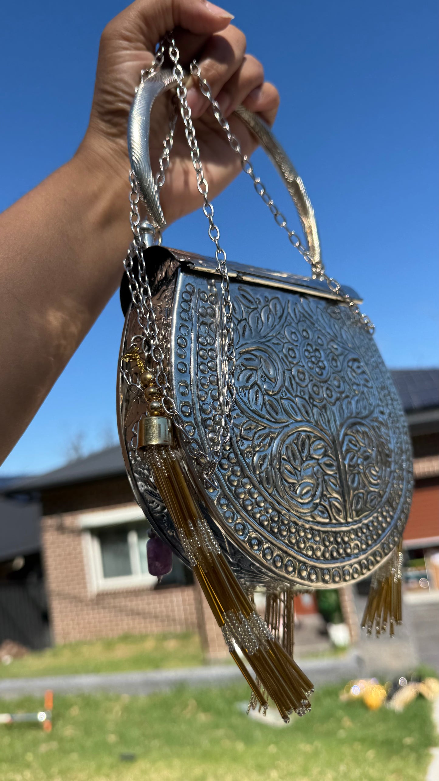 Ethnic party clutch with hand work and stone embellishments