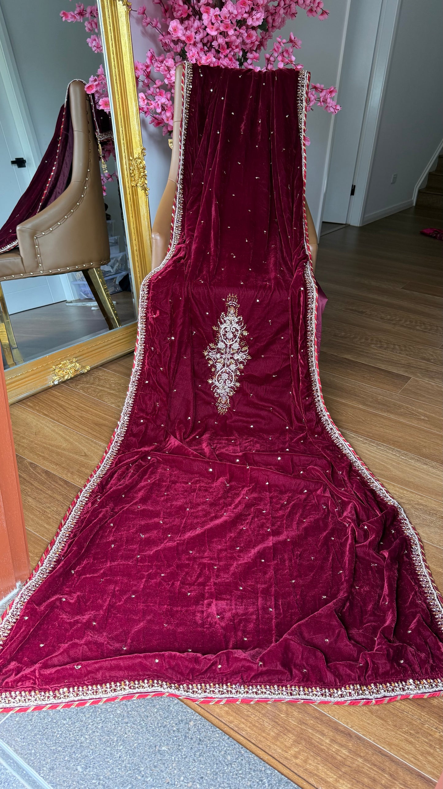 Maroon velvet shawl with gold embroidery for winter