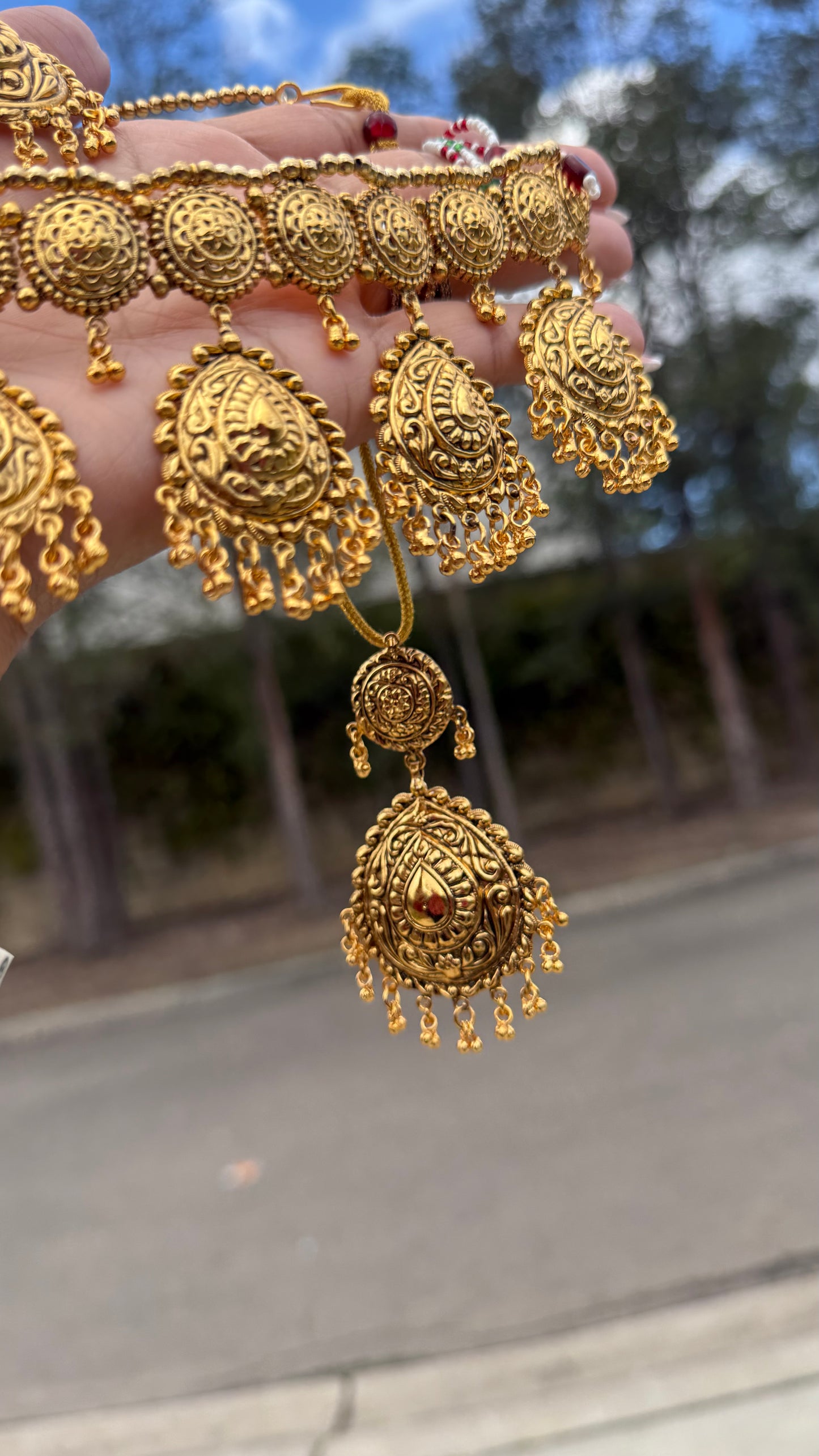 Traditional gold plated choker set with matching earrings and maang tikka for weddings shop online Australia
