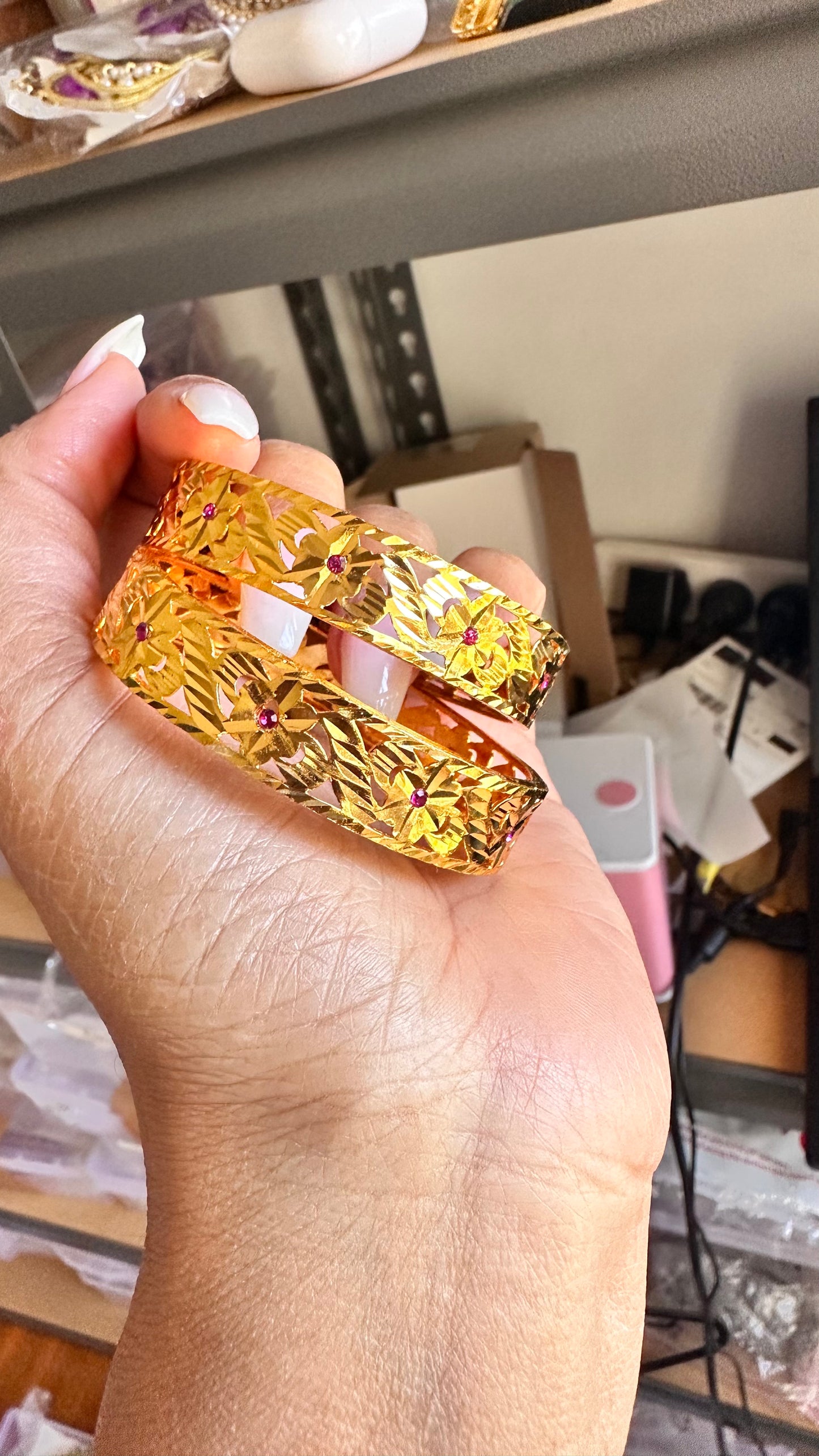 Gold plated kangan Sandookh collection ruby stones