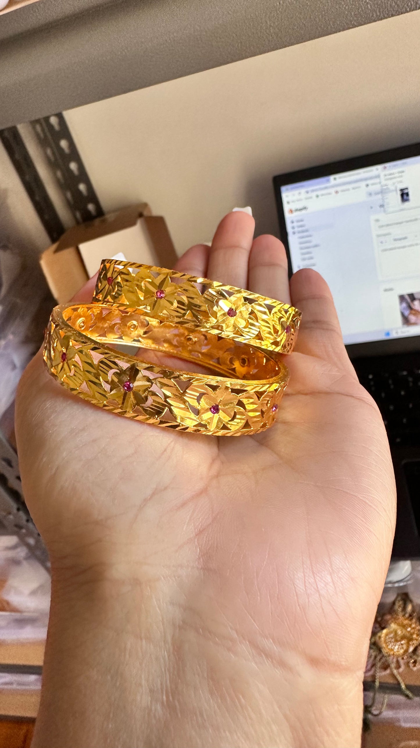 Gold plated kangan Sandookh collection ruby stones
