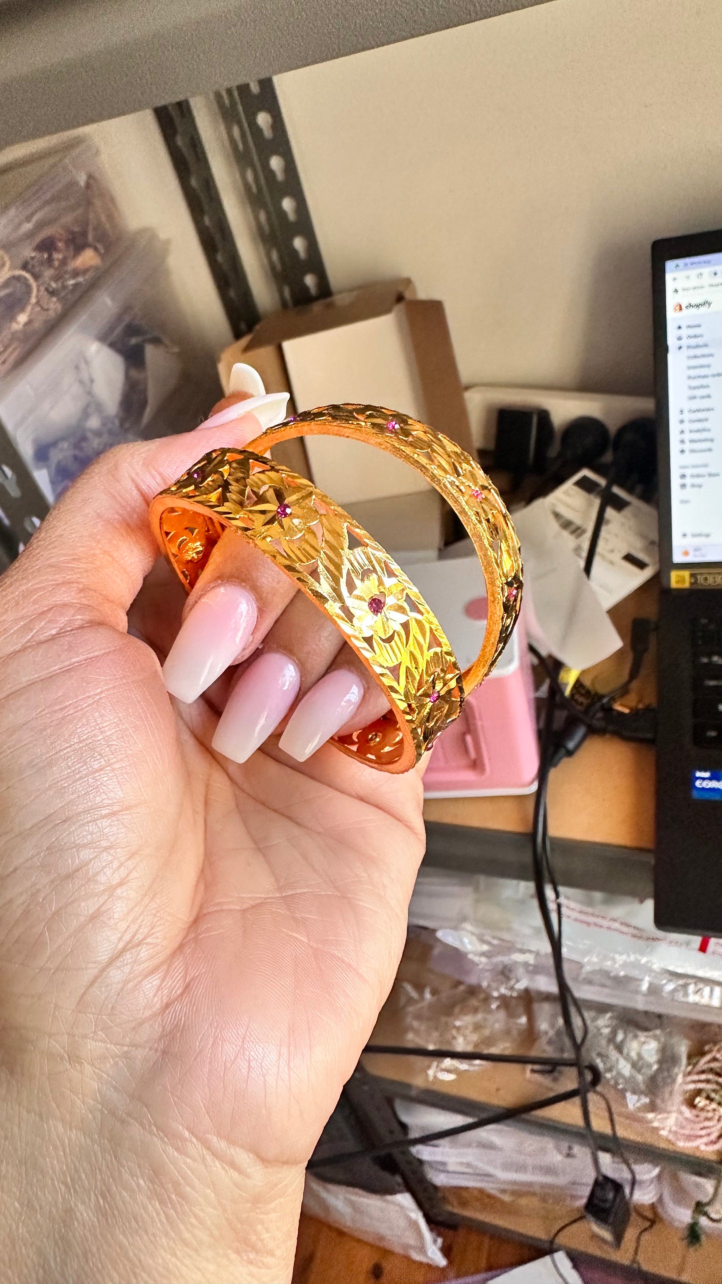 Gold plated kangan Sandookh collection ruby stones