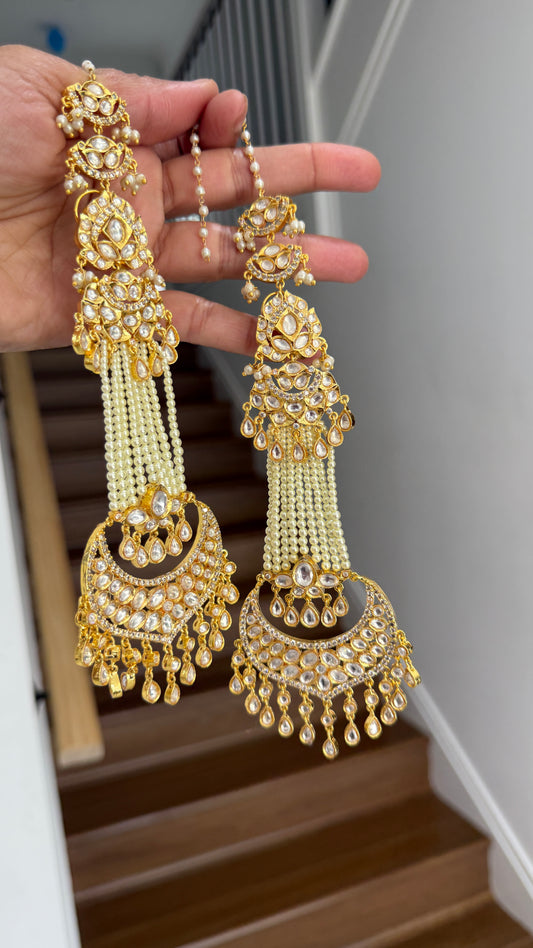 Gold-plated long earrings with intricate Kundan beads, Bollywood-style design, perfect for weddings and festive occasions. Premium quality earrings