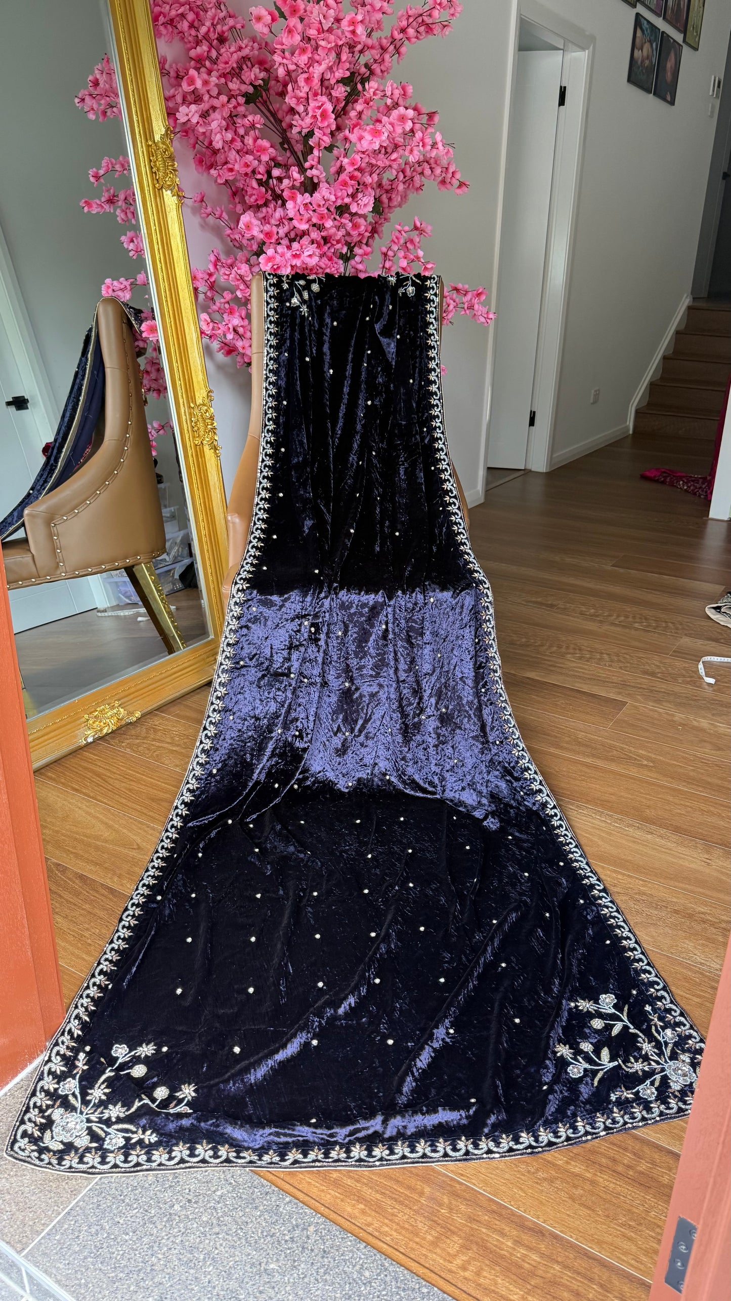 blue velvet shawl with gold embroidery for winter
