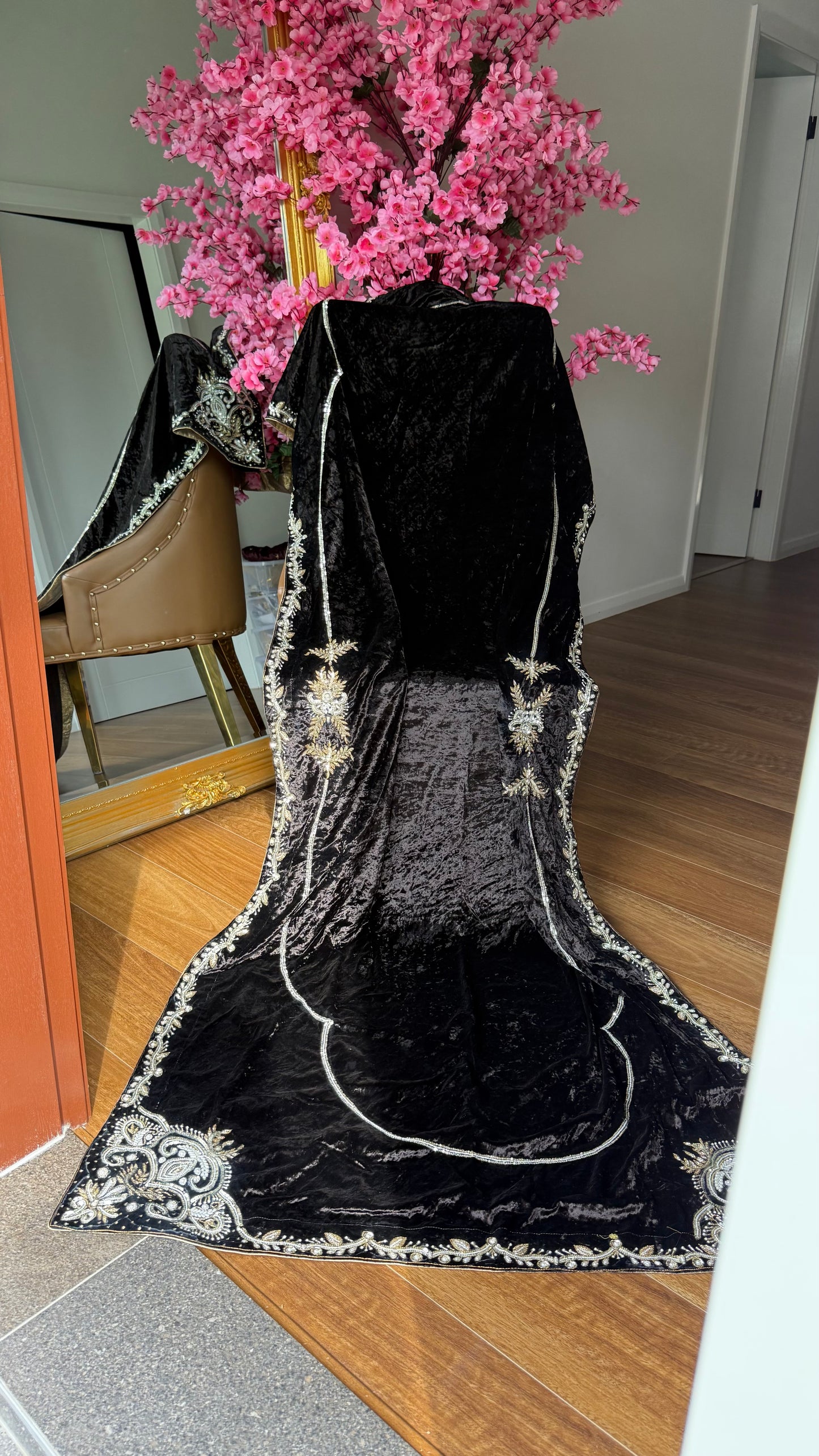 Maroon velvet shawl with gold embroidery for winter