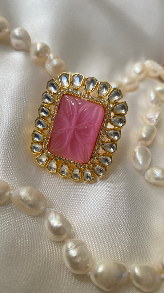uncut kundan oversized adjustable ring pink