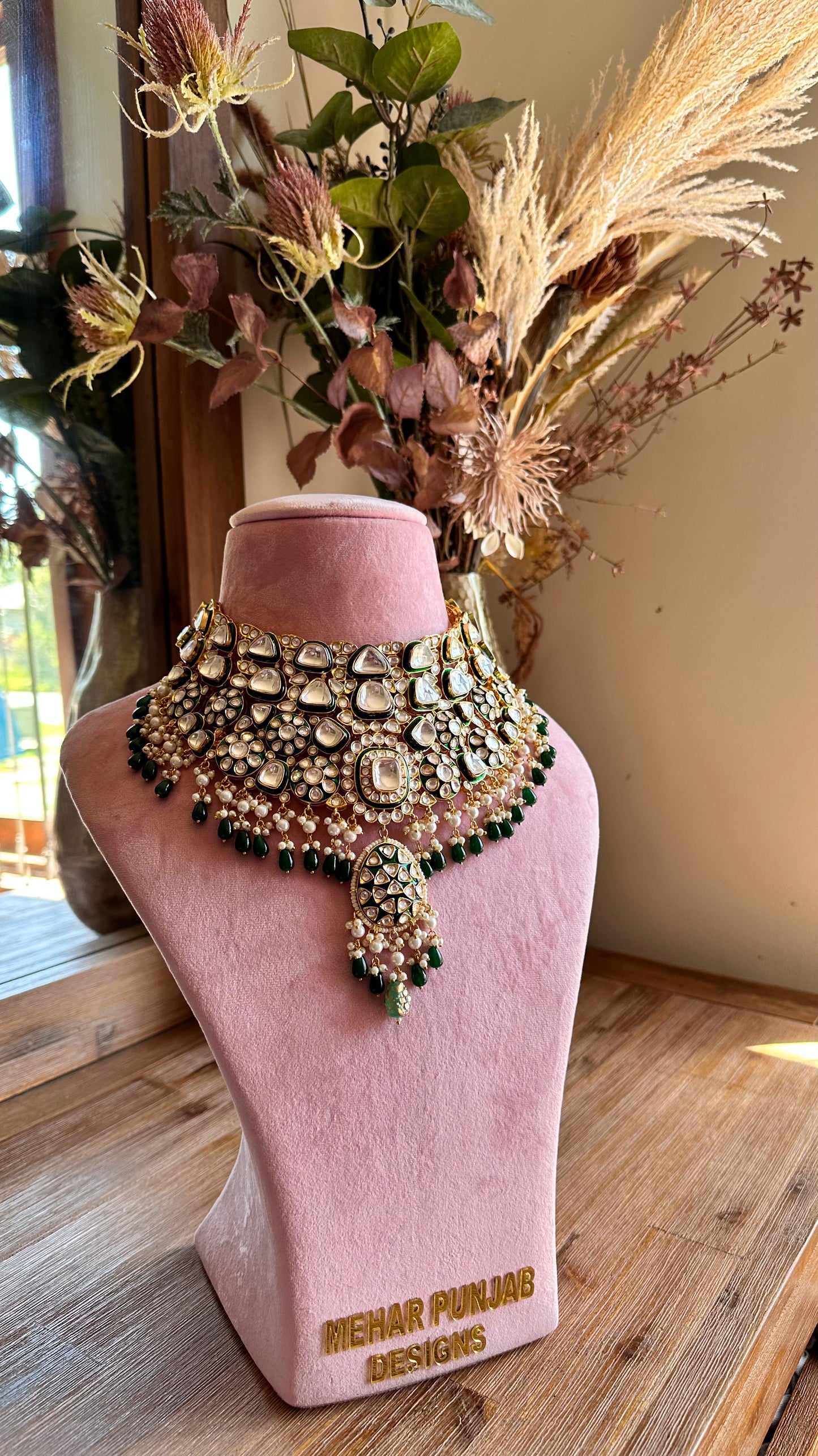 Asharfee bridal choker uncut polki green