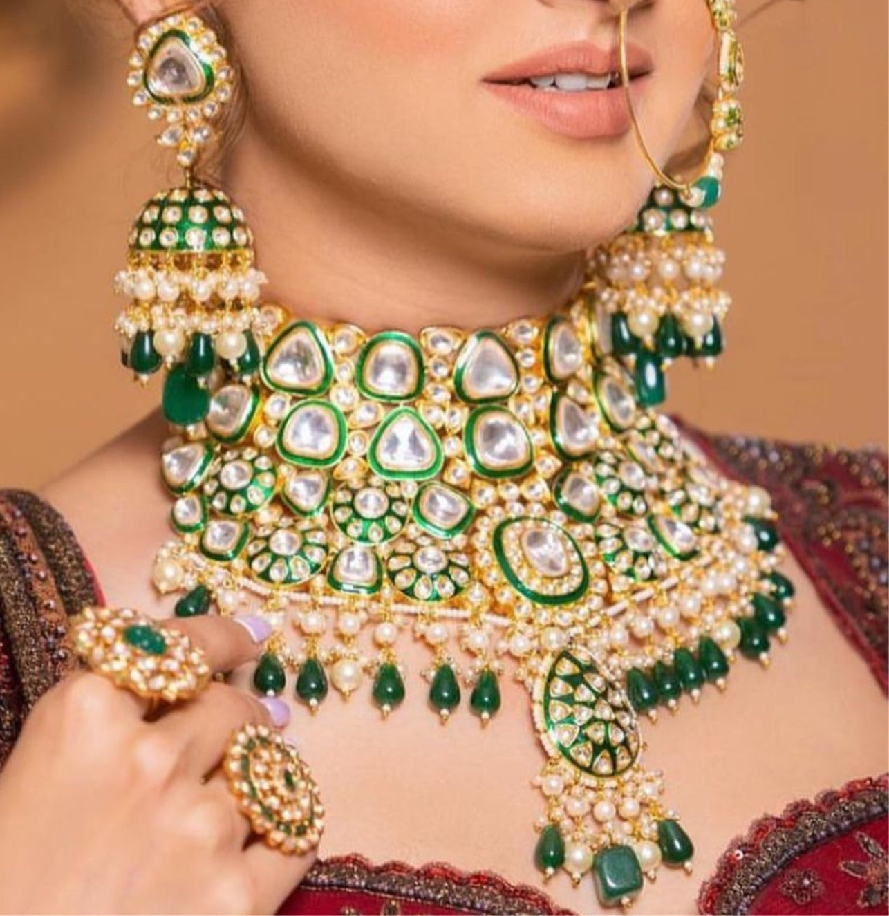 Asharfee bridal choker uncut polki green