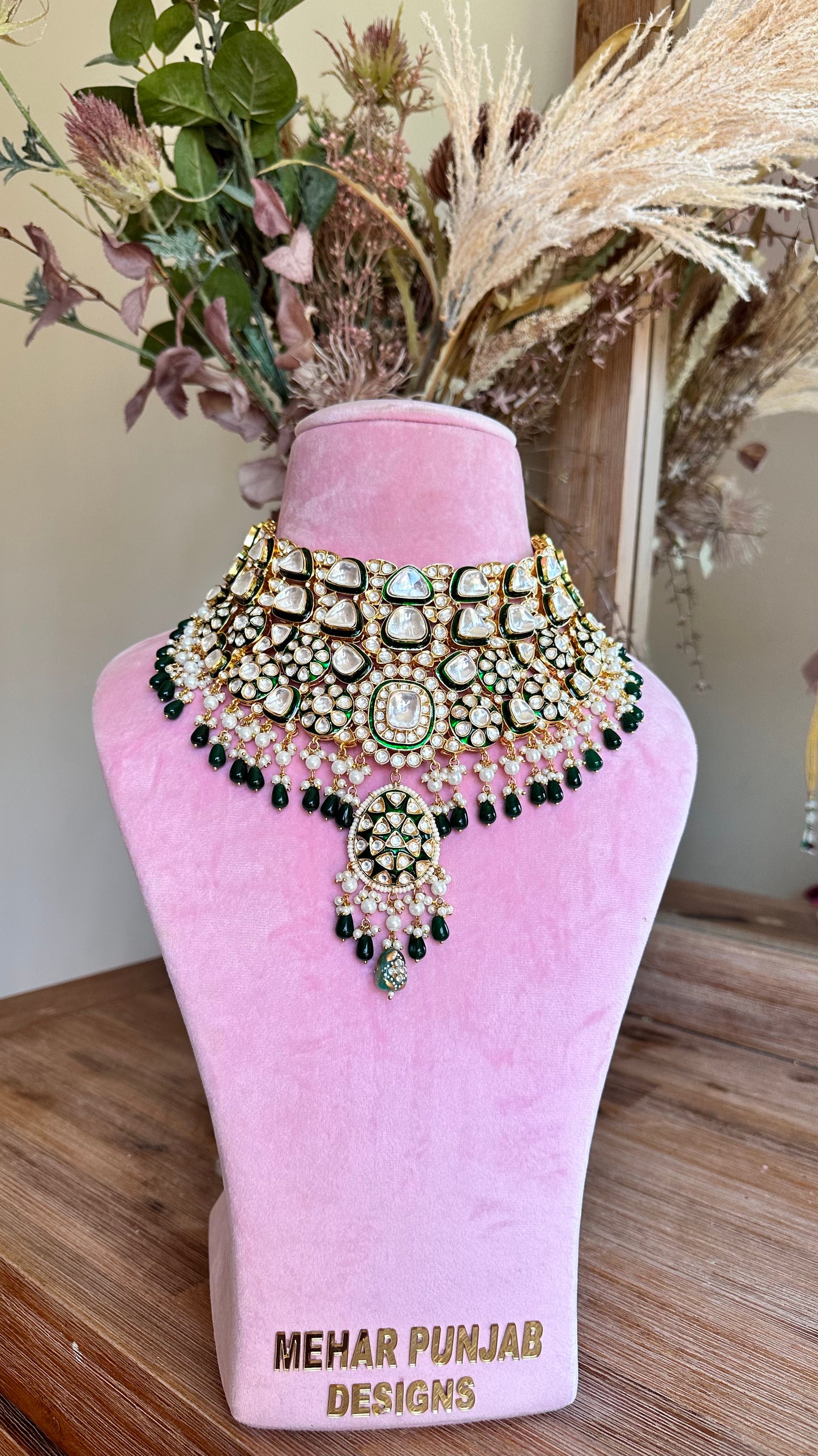 Asharfee bridal choker uncut polki green