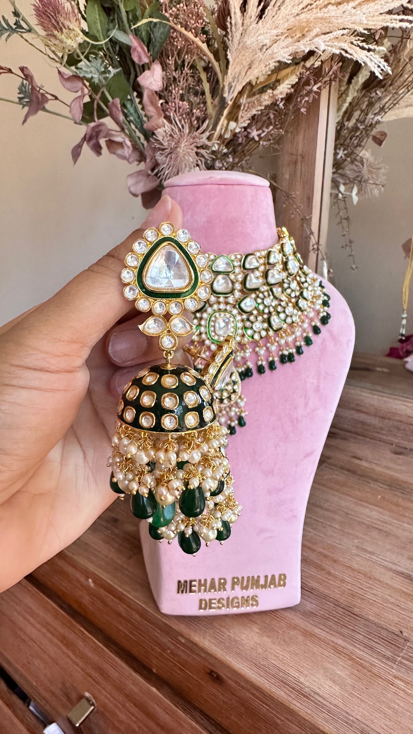 Asharfee bridal choker uncut polki green