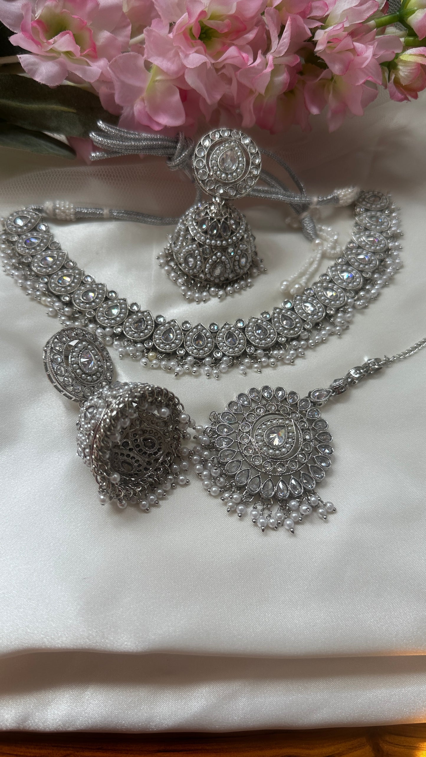 polki necklace with jhumka and tikka silver