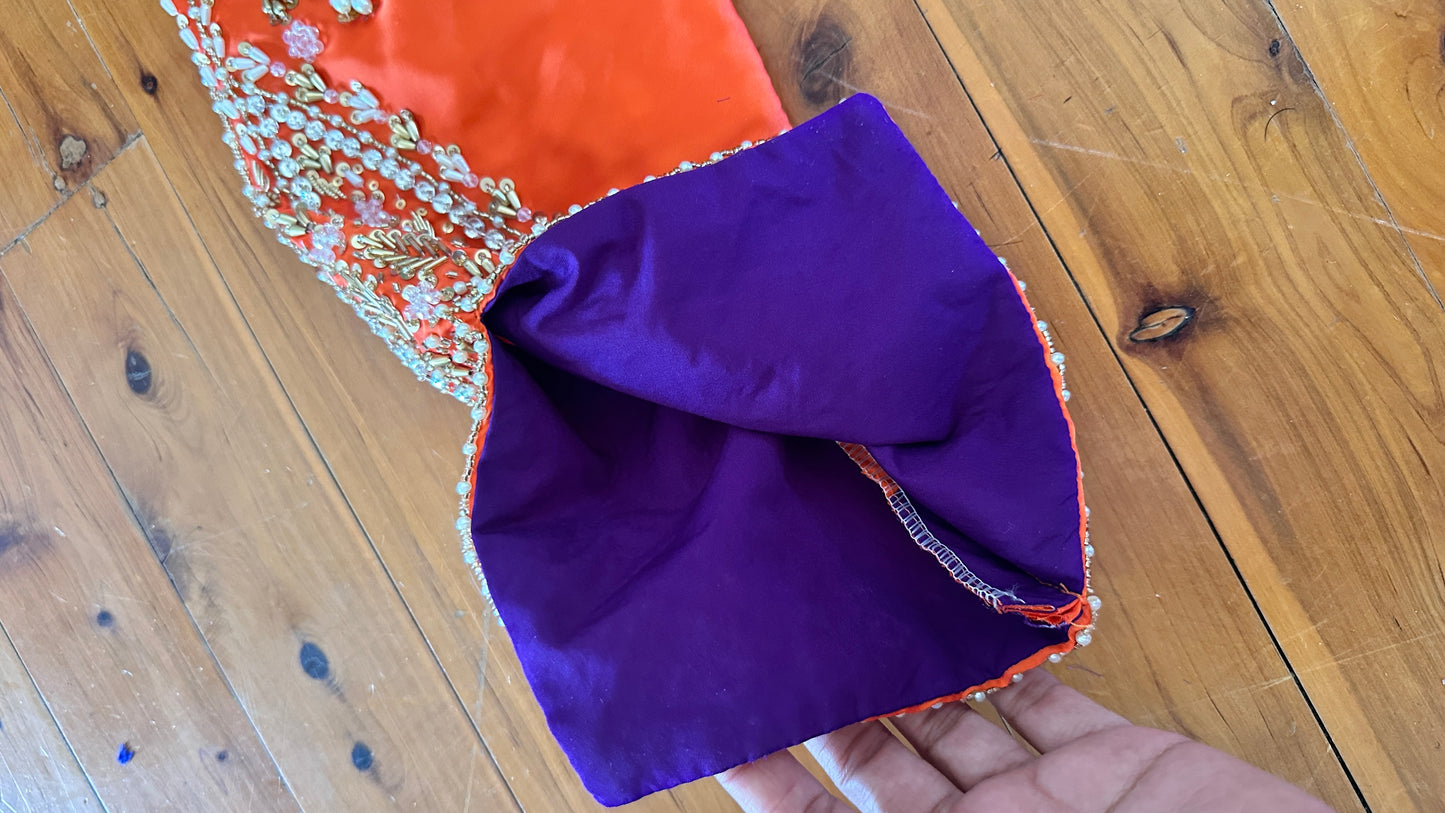 Three piece Pakistani hand work outfit dark orange with purple