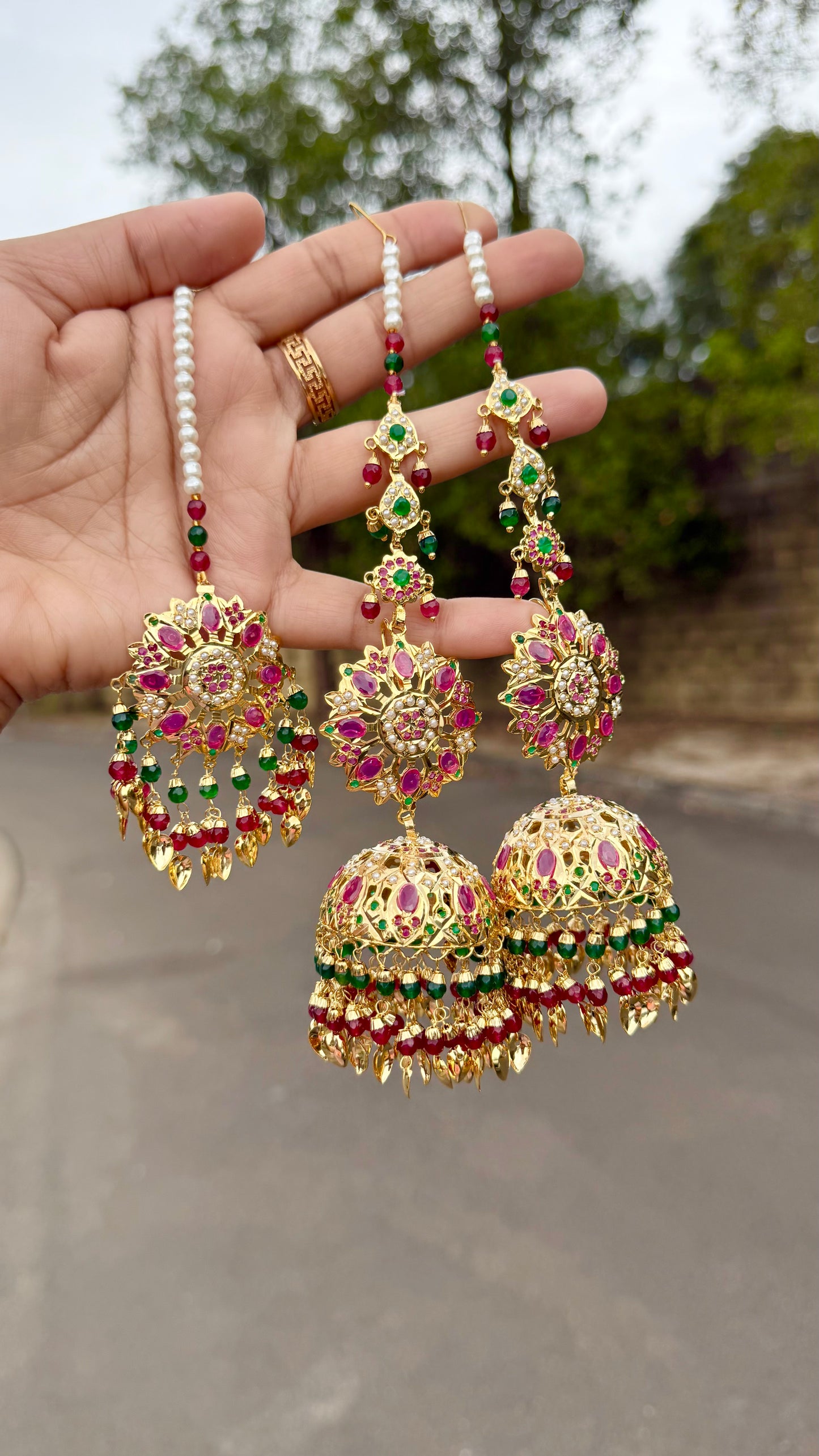 real jadau gold plated jhumka earrings with tikka
