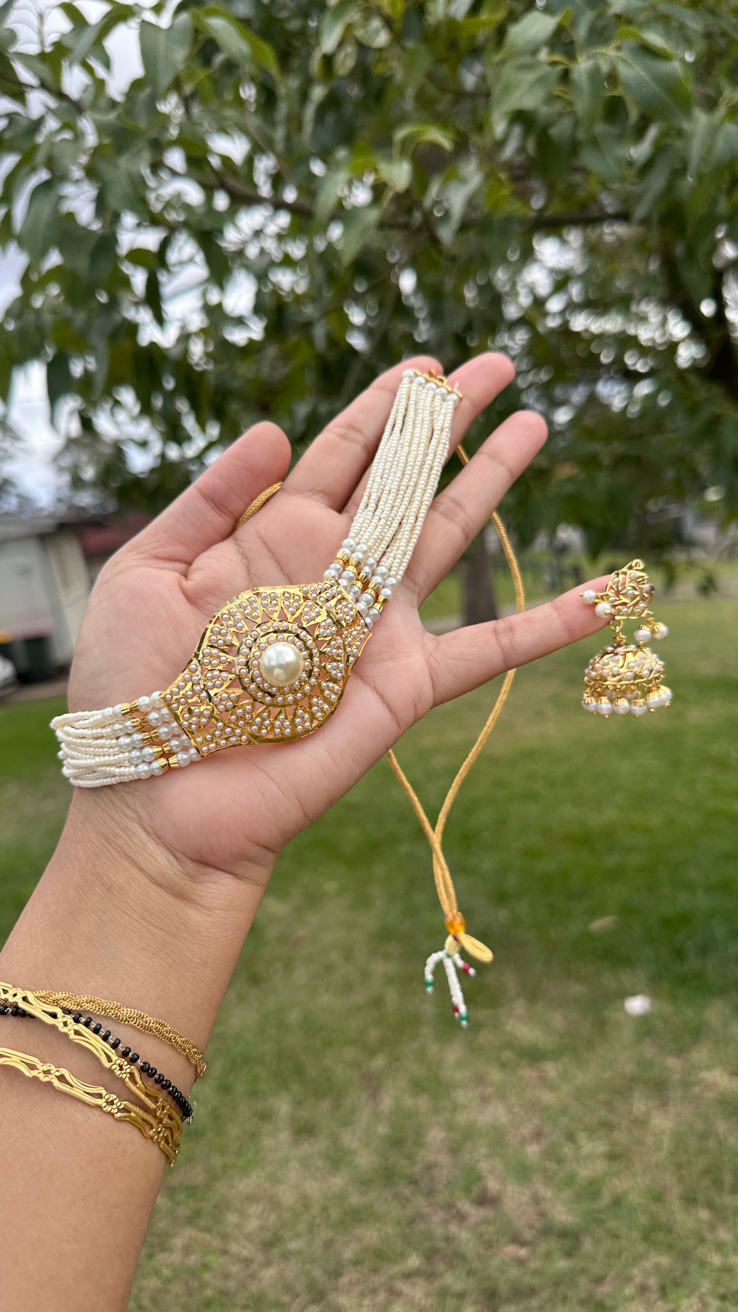 Real jadau gold plated choker with jhumks