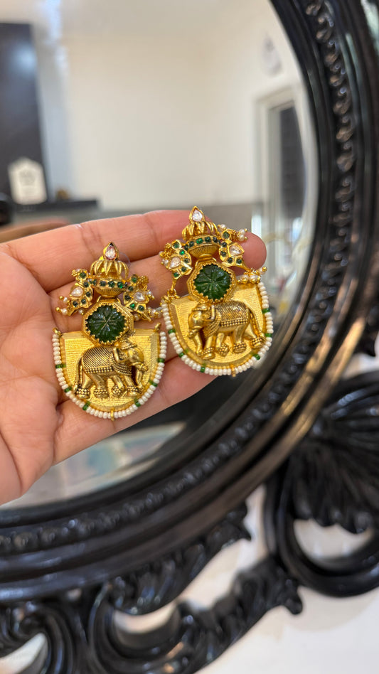 Elephant engraved hand made earrings gold plated