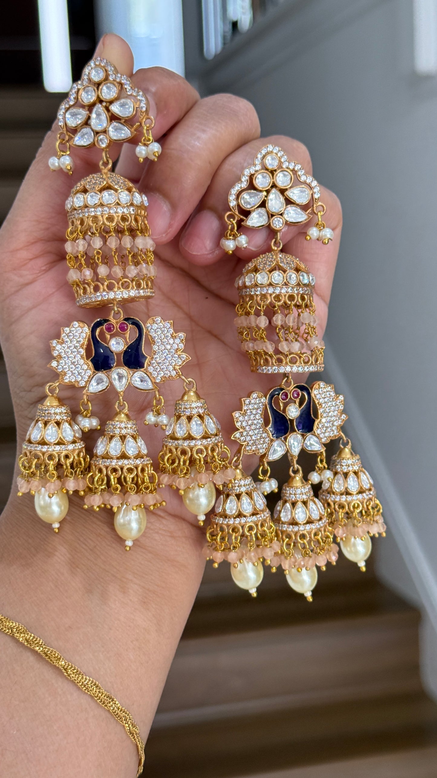 Matt finish moissanite Kundan statement earrings antique gold