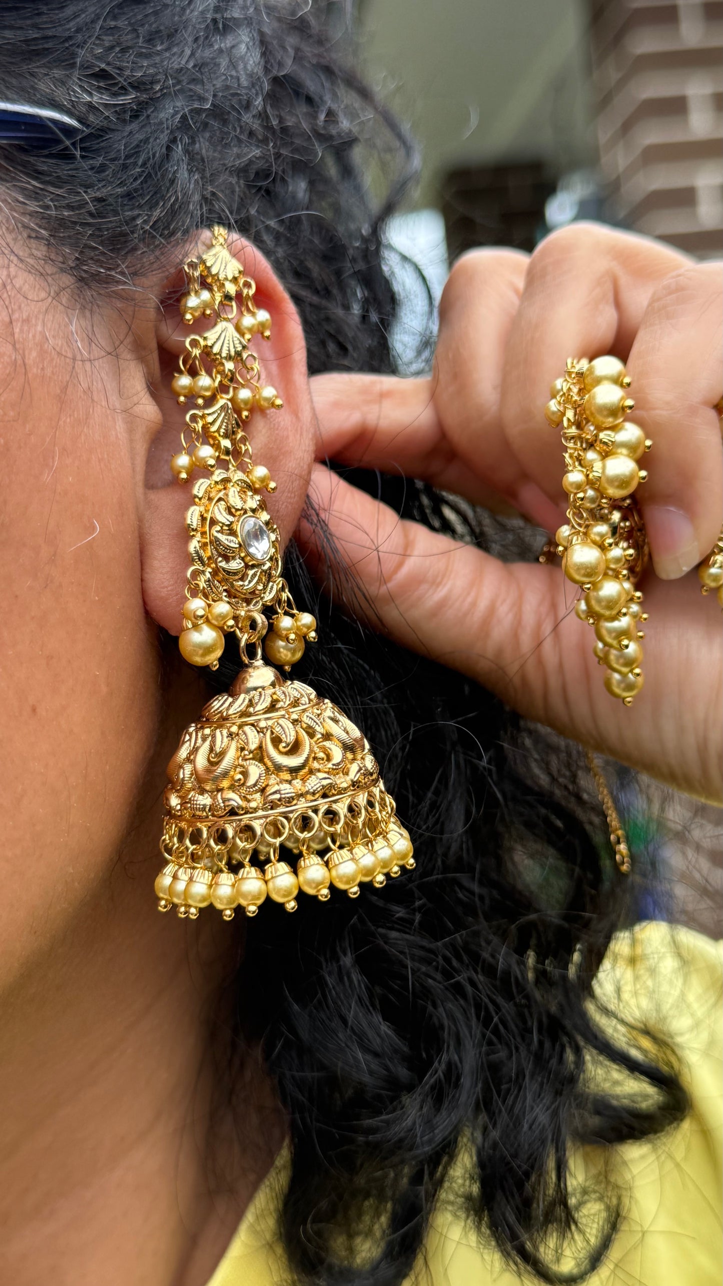 1g Gold plated jhumki earrings with attached sahare inspired from real gold design Sandookh collection