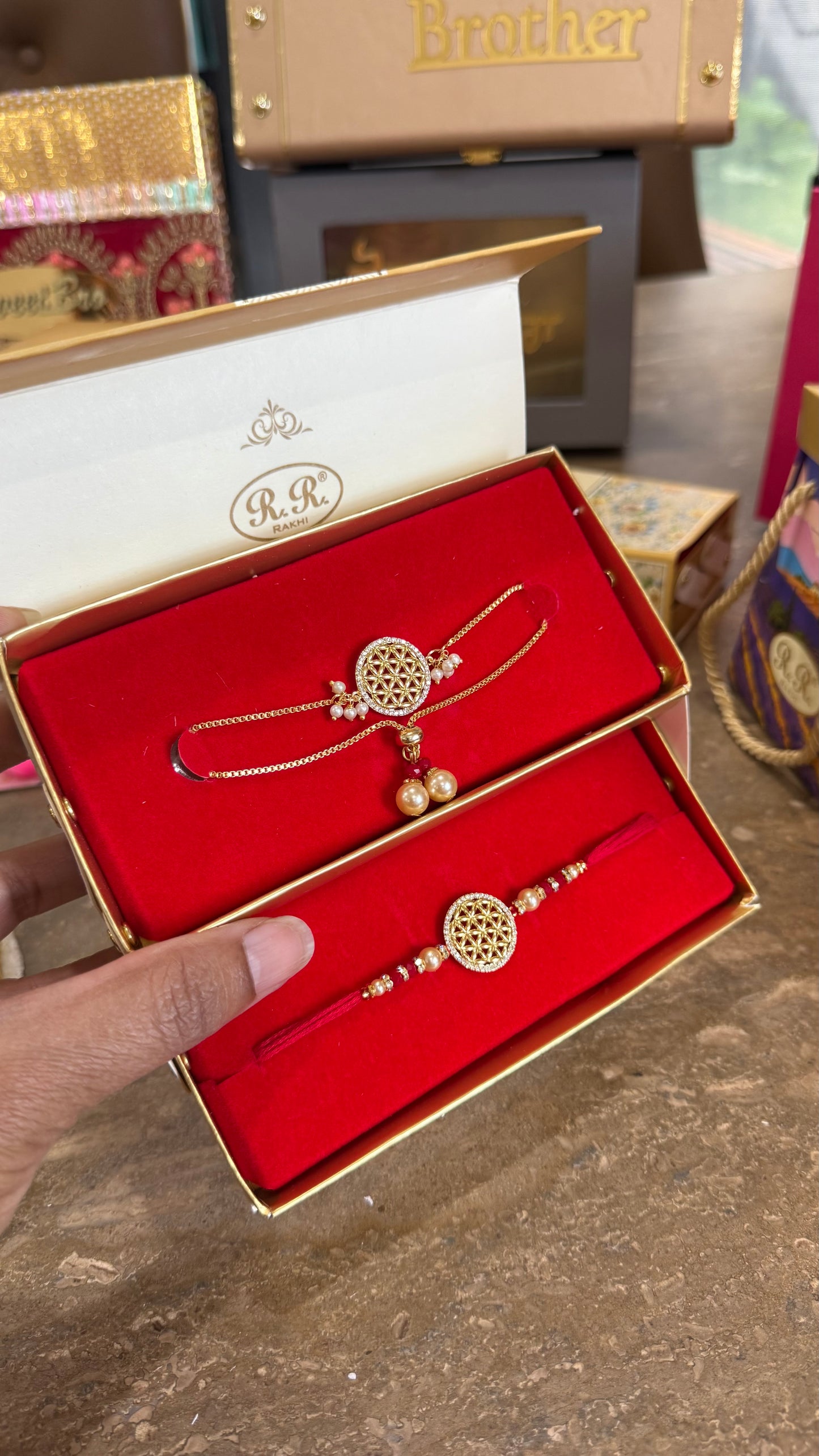 Premium American Diamond Rakhi for veera and bhabi combo