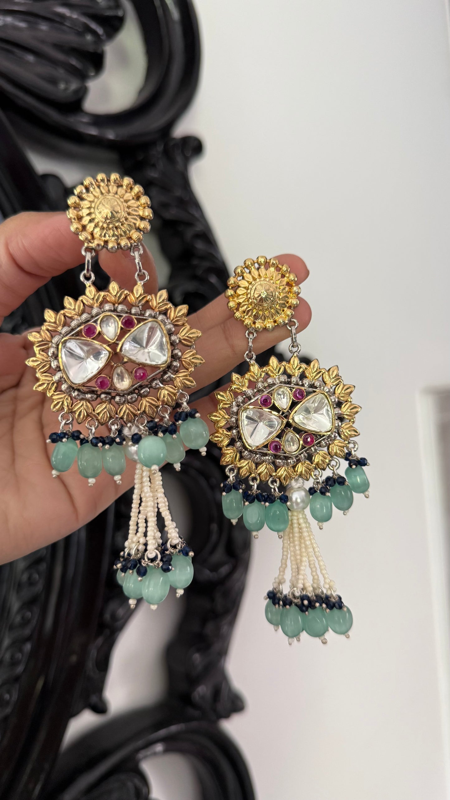 Uncut Kundan Earrings – Silver & Gold Mix Finish | Gold Plated | Real Beads
