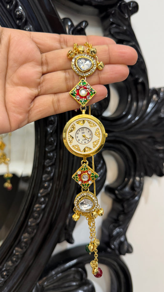 Kundan Heritage Kashmiri Watch | Traditional Indian Jewellery Watch Rakhi gift for bhai or sister