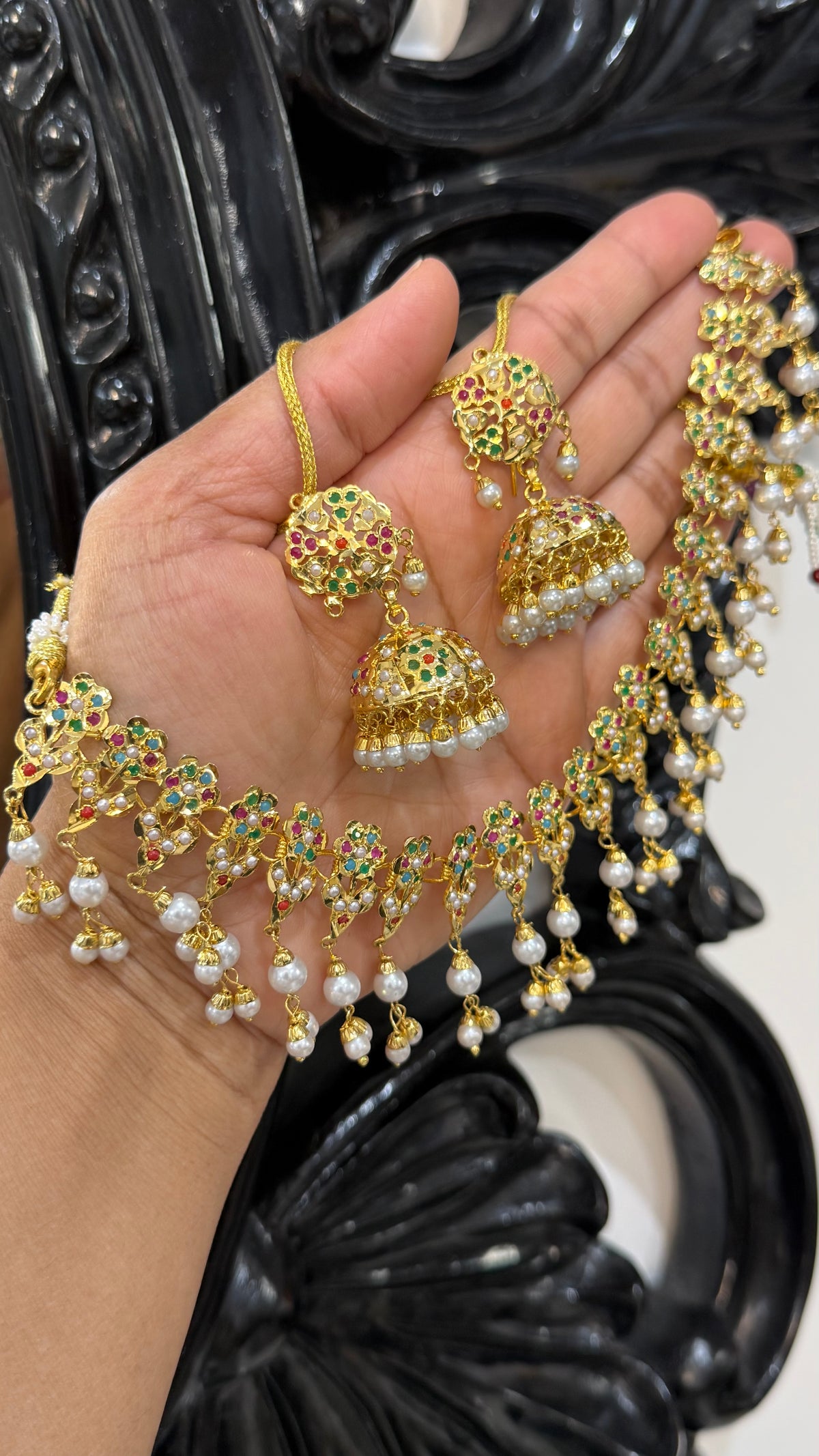 Gold plated real jadau necklace with jhumki