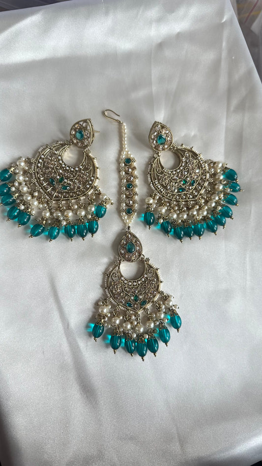 Teal blue Reverse ad earrings and tikka