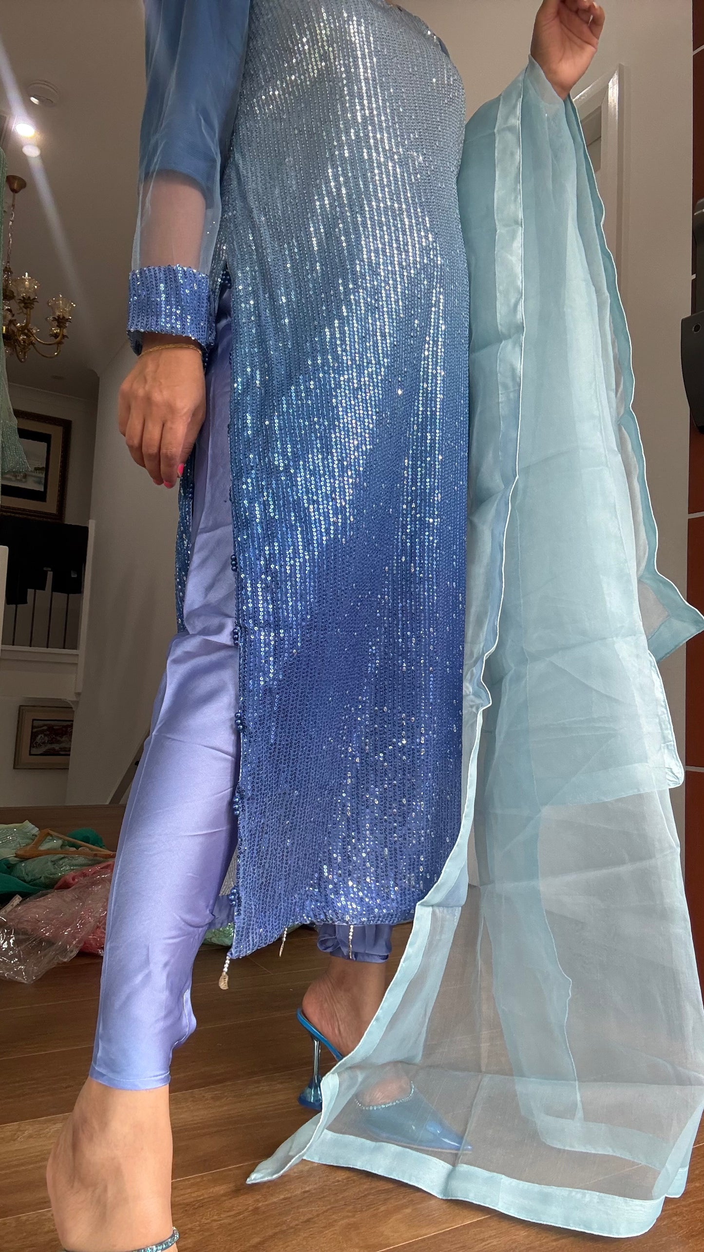 long kurta with dupatta and pants Indian outfit