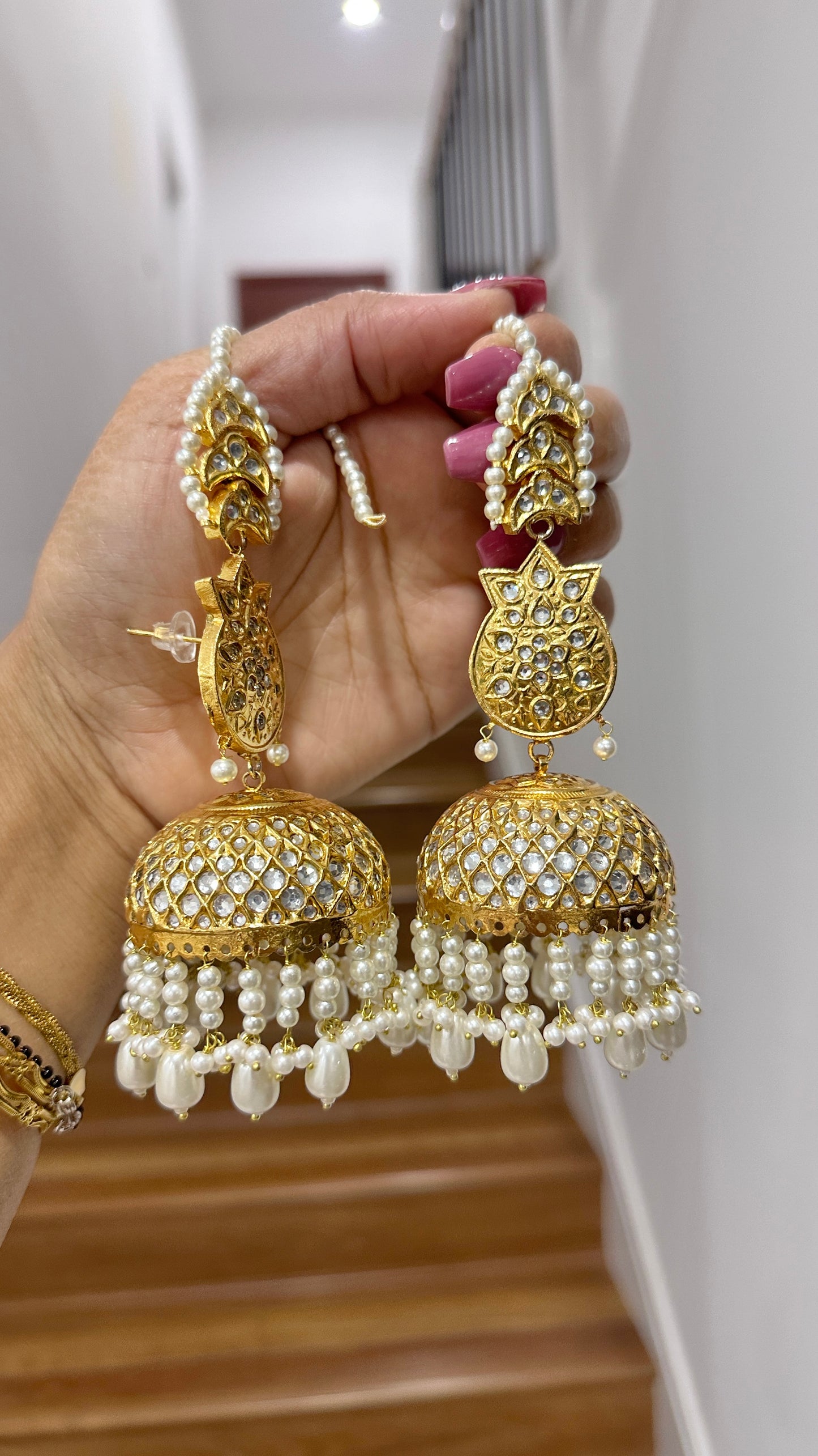 Pakistani oversized kundan jhumka earrings with sahare golden