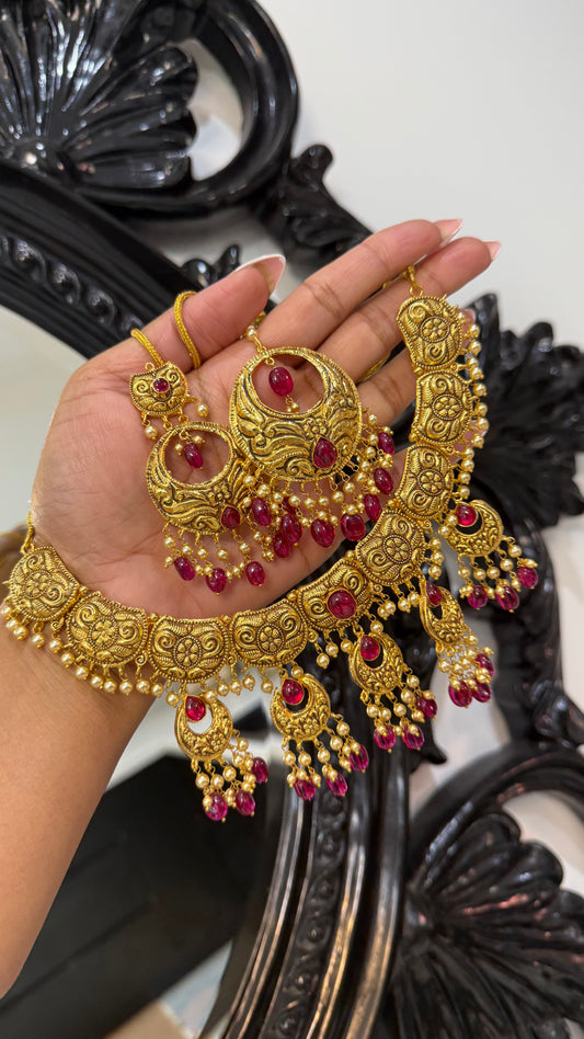 Antique look Gold Plated Necklace with Earring  and tikka Bridal Jewellery Sandookh collection