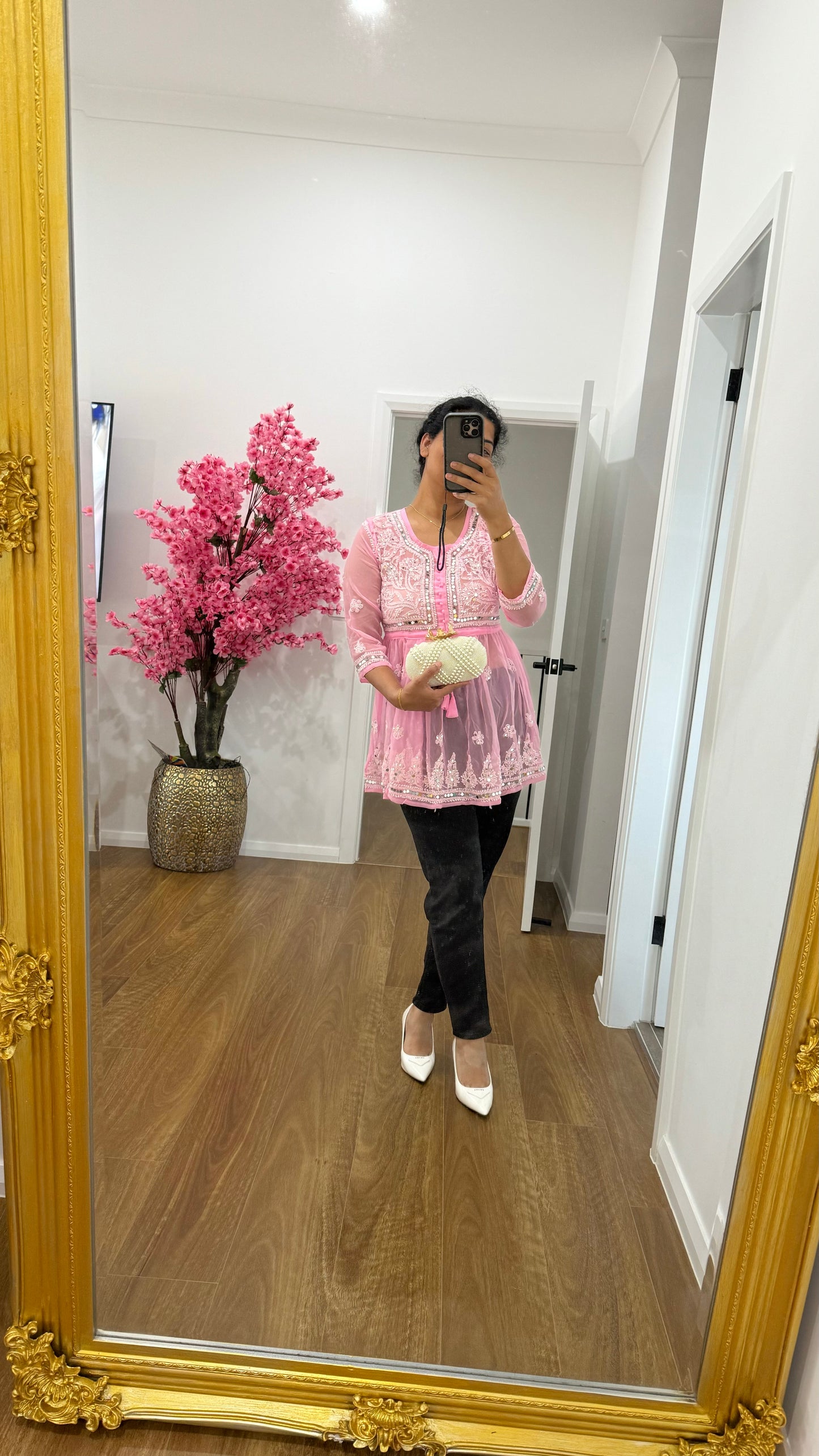 Pink short kurti with mirror