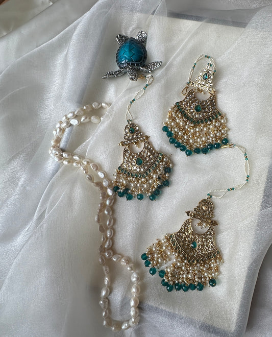 Kundan earrings and tikka with sahare teal blue