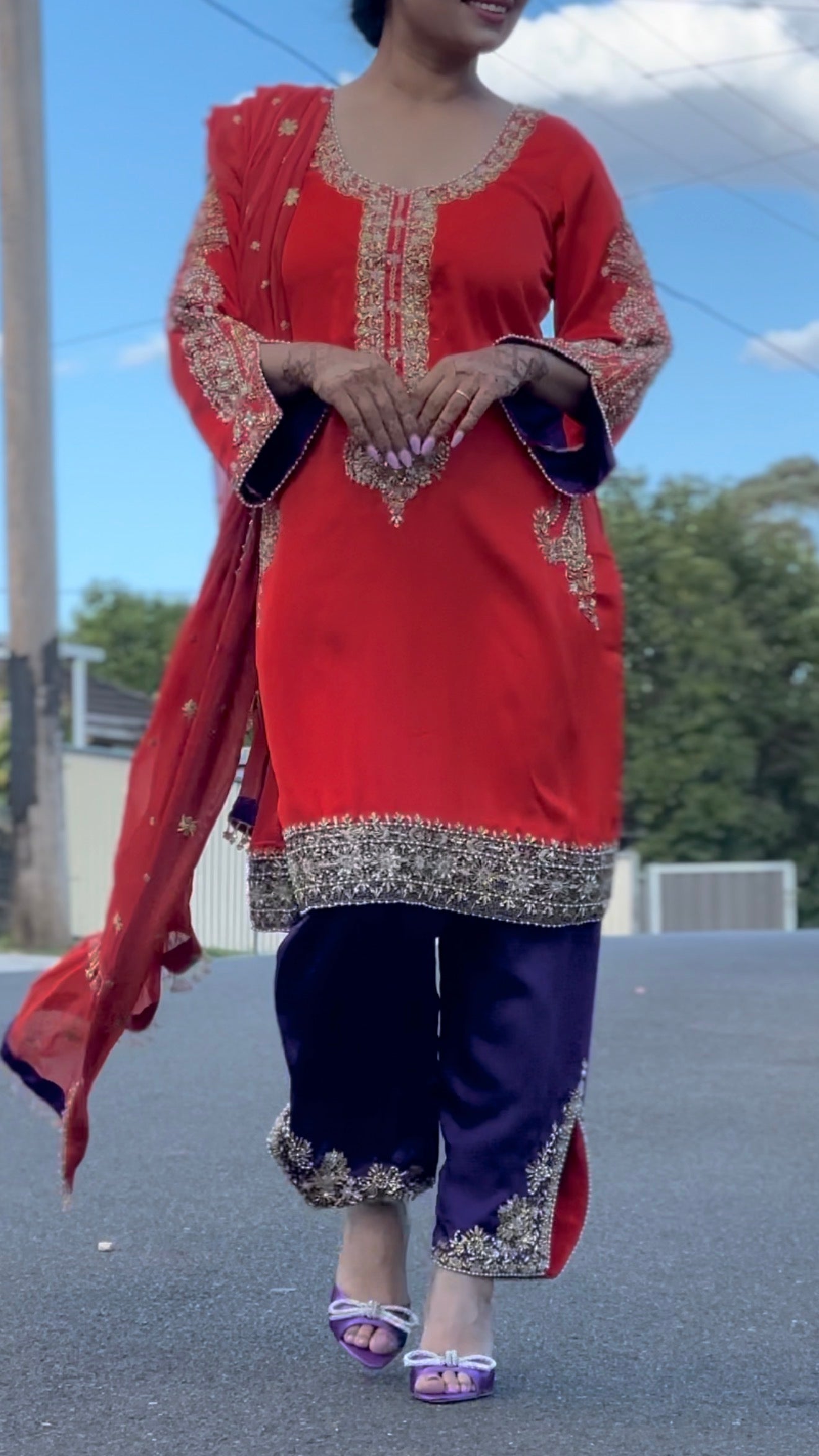 Three piece Pakistani hand work outfit dark orange with purple
