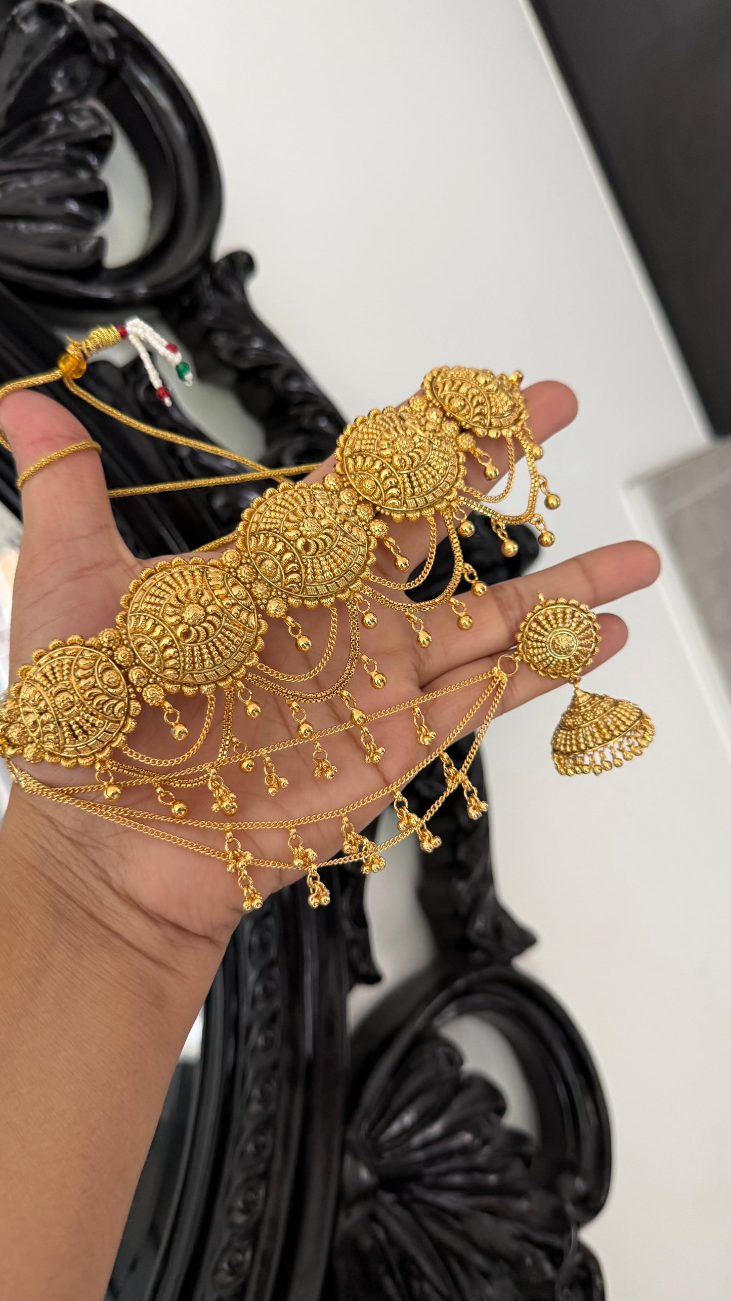 gold plated necklace With earrings jhumki with attached sahare Sandookh collection