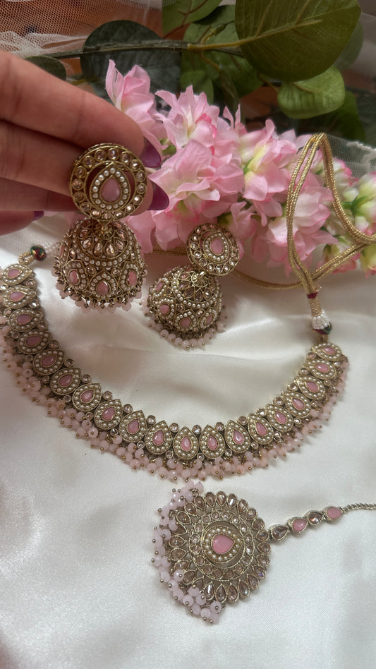 polki necklace with jhumka and tikka pink