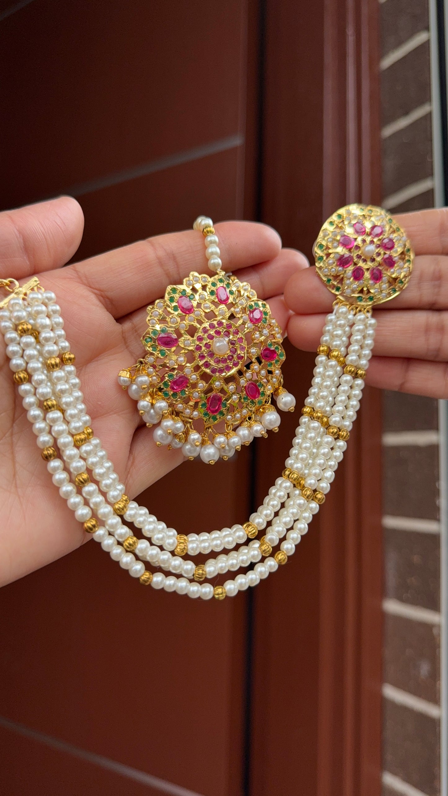 Real jadau gold plated studs with tikka and attached sahare