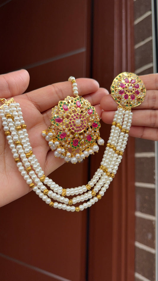 Real jadau gold plated studs with tikka and attached sahare