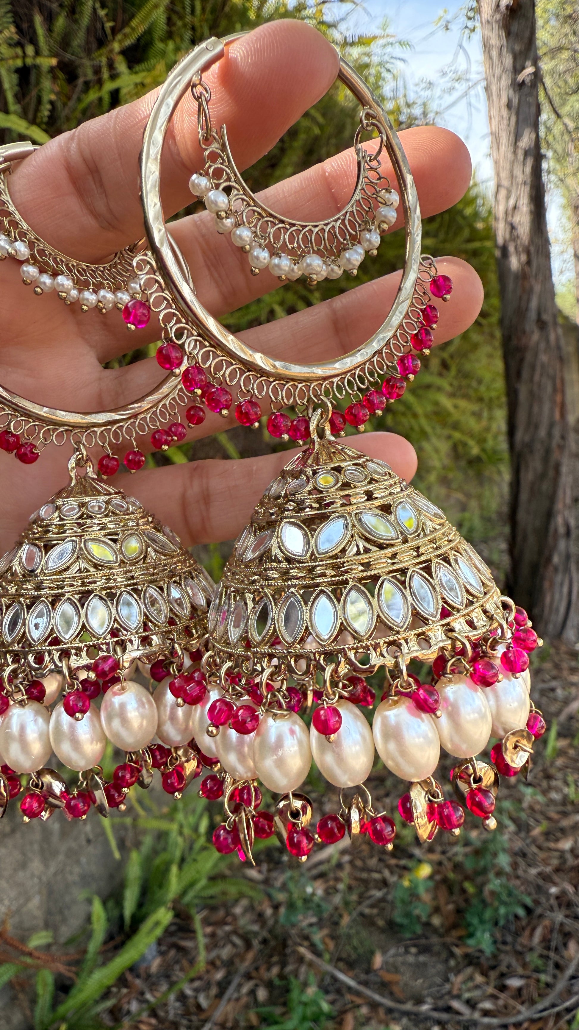 jhumka earrings with matching tikka, adorned with mirrors and intricate detailing, ideal for bridal and cultural events or casual party wear