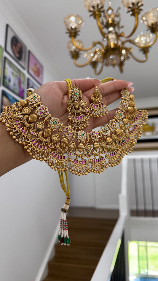 Gold Plated Indian Choker Set with Earrings and tikka Bridal set Sandookh collection