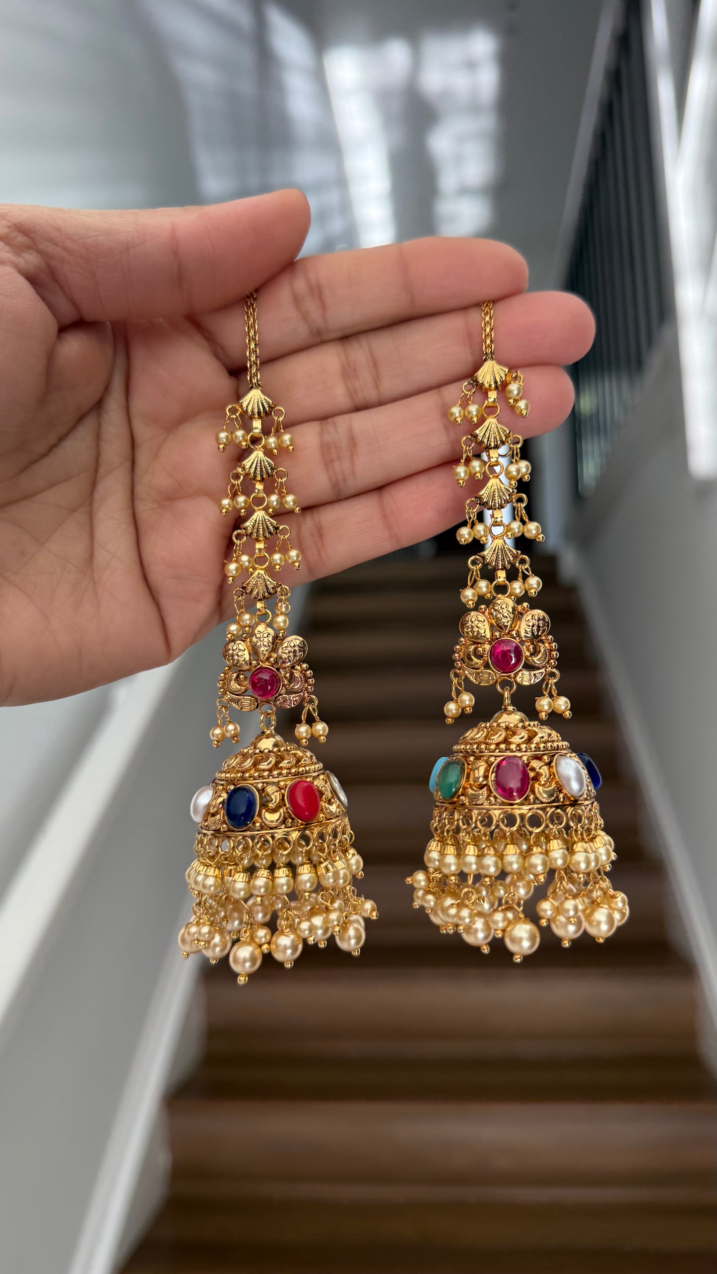 Gold plated earrings inspired from real gold design Jhumka Multi color Sandookh collection