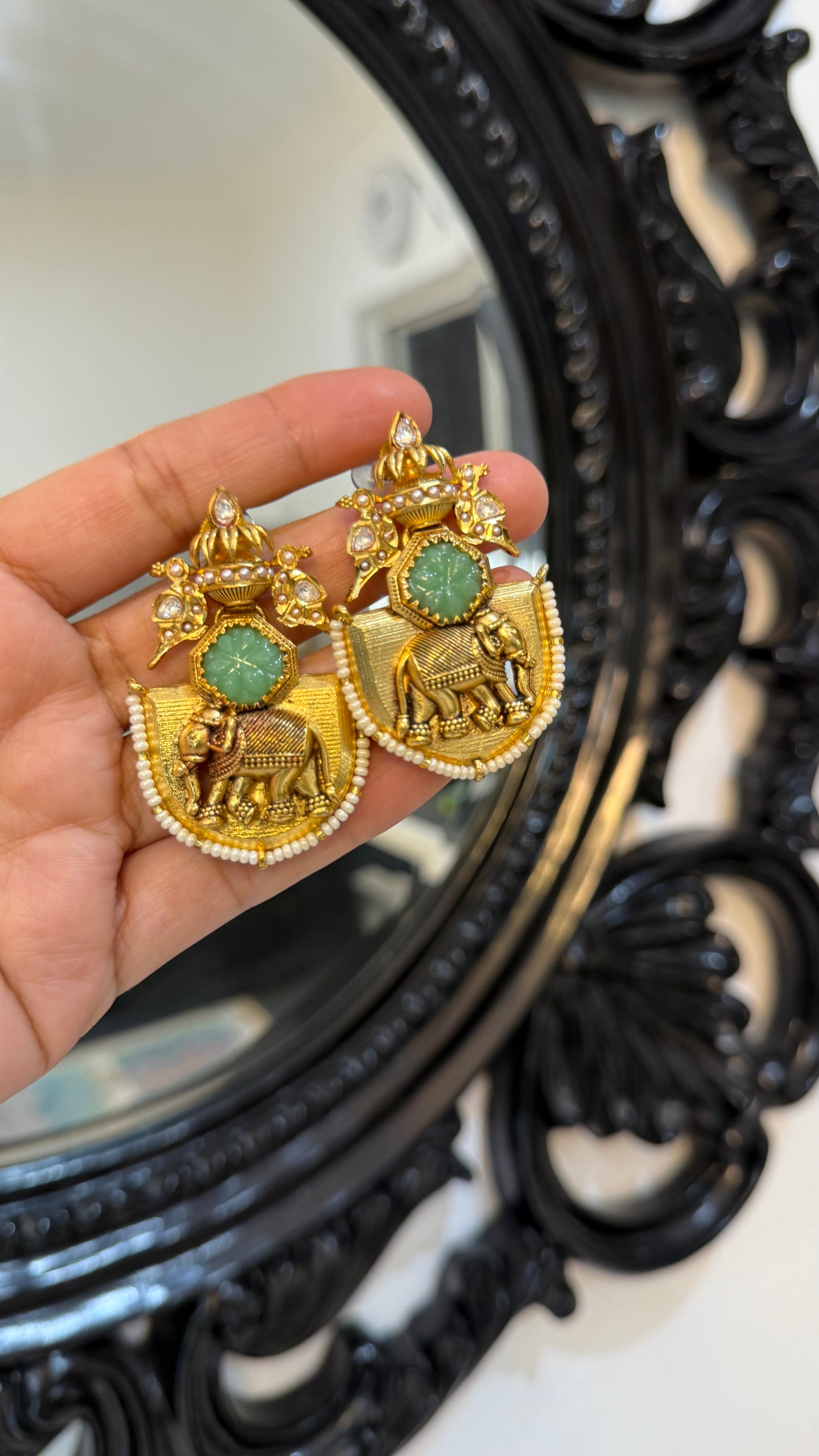 Elephant engraved hand made earrings gold plated