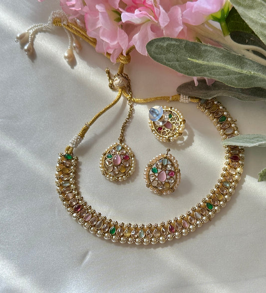 Multi Polki necklace with studs and tikka