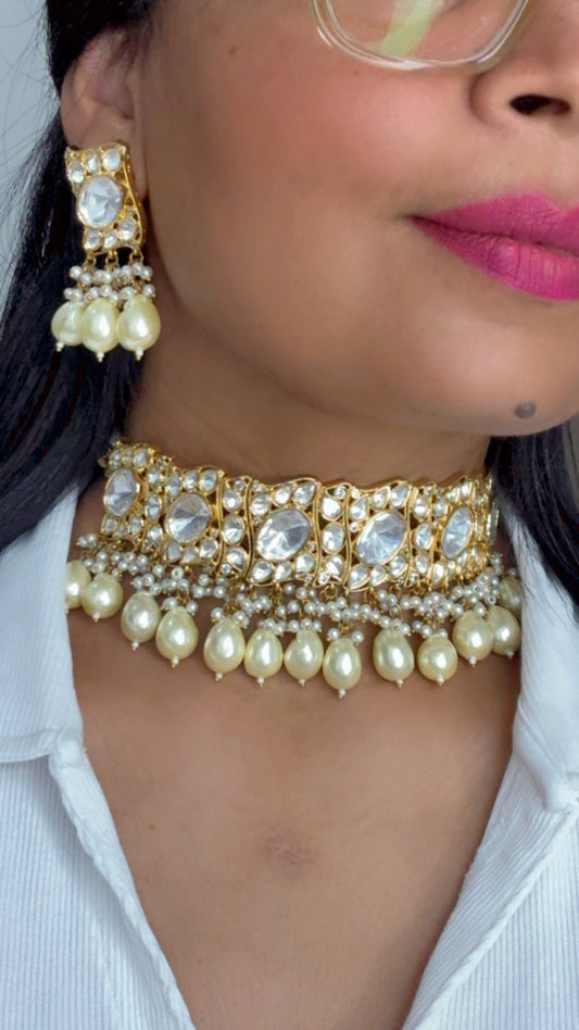 Gold Plated Kundan Necklace with Earring
