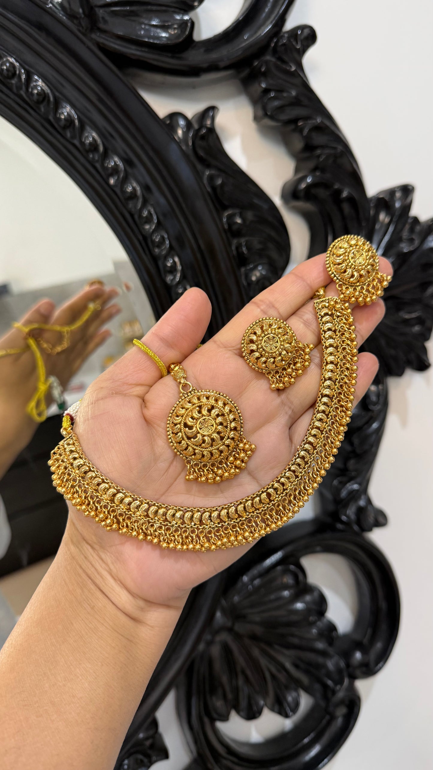 Antique look Gold Plated Necklace with Earring  and tikka  Sandookh collection
