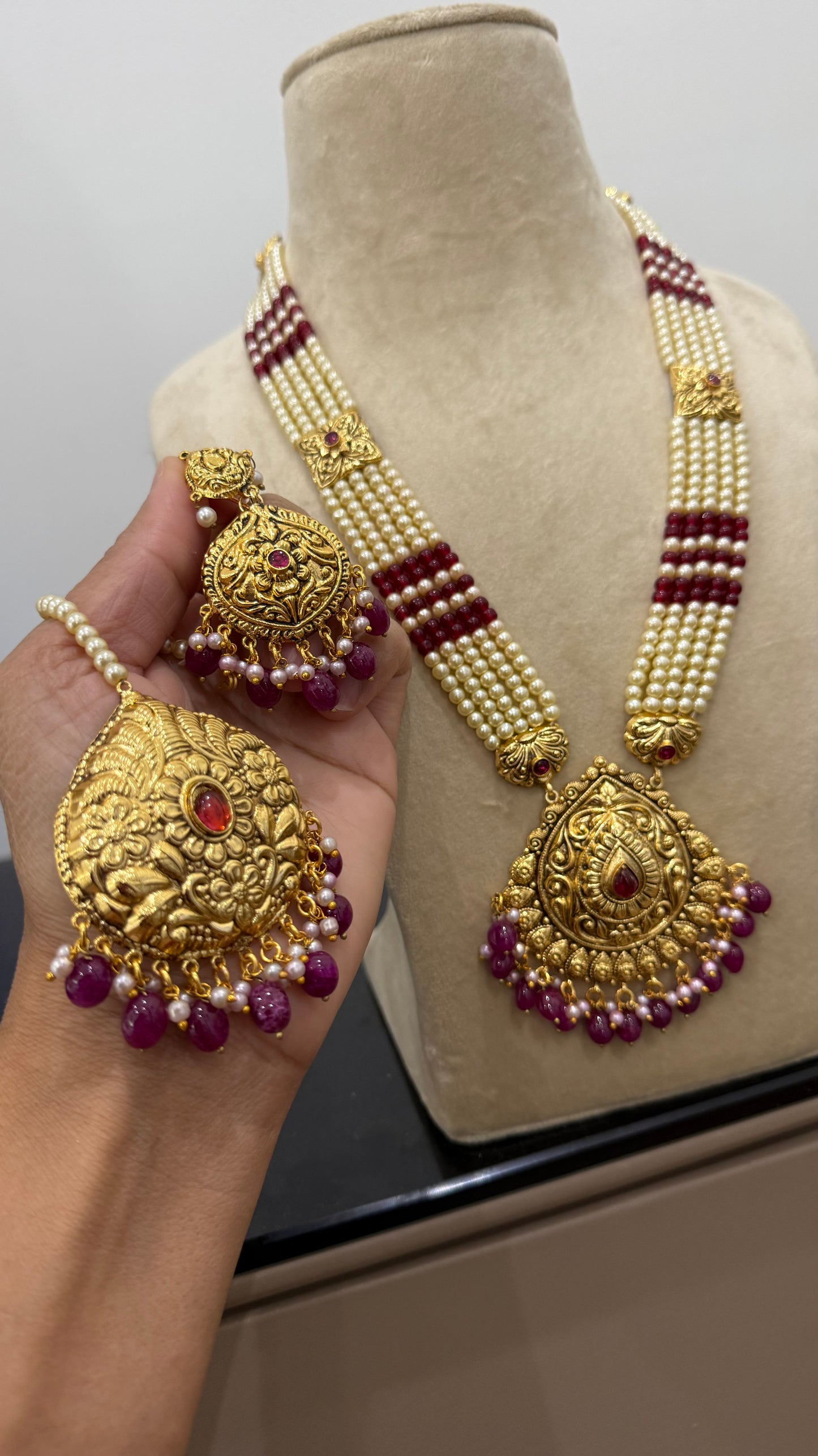Gold Plated Indian Raani haar Set with Earrings & Tikka – Bridal Jewelry Sandookh collection