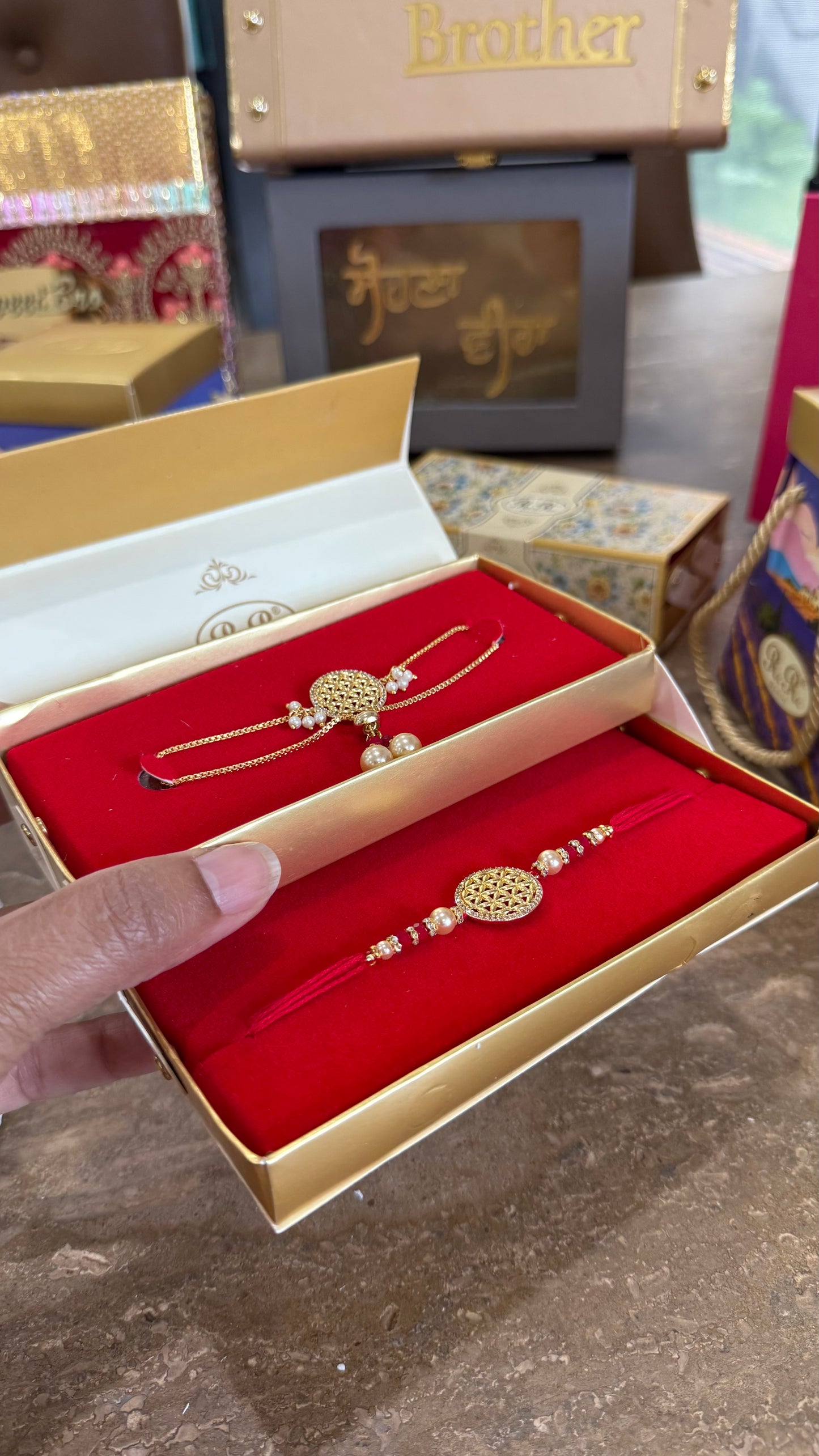 Premium American Diamond Rakhi for veera and bhabi combo
