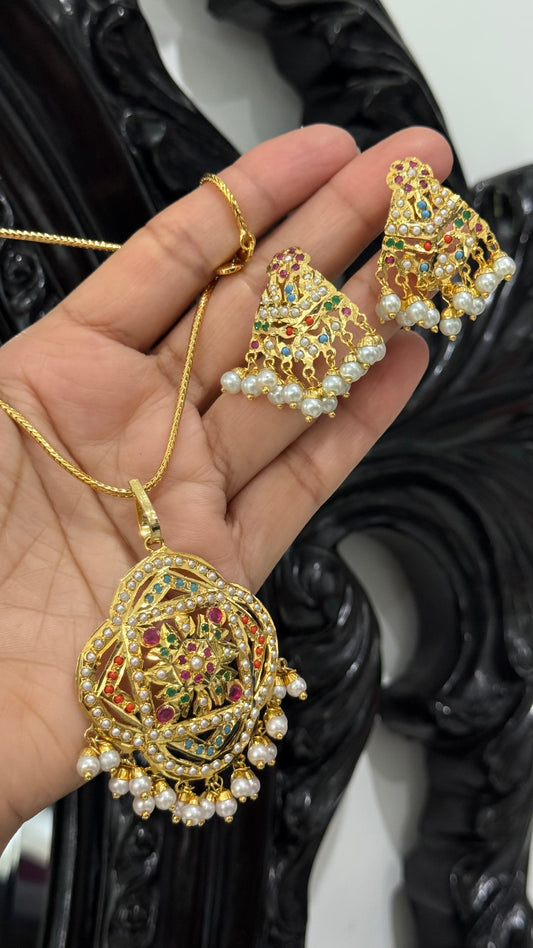 Real Jadau Gold Plated Necklace Set with Matching Earrings pendant with chain